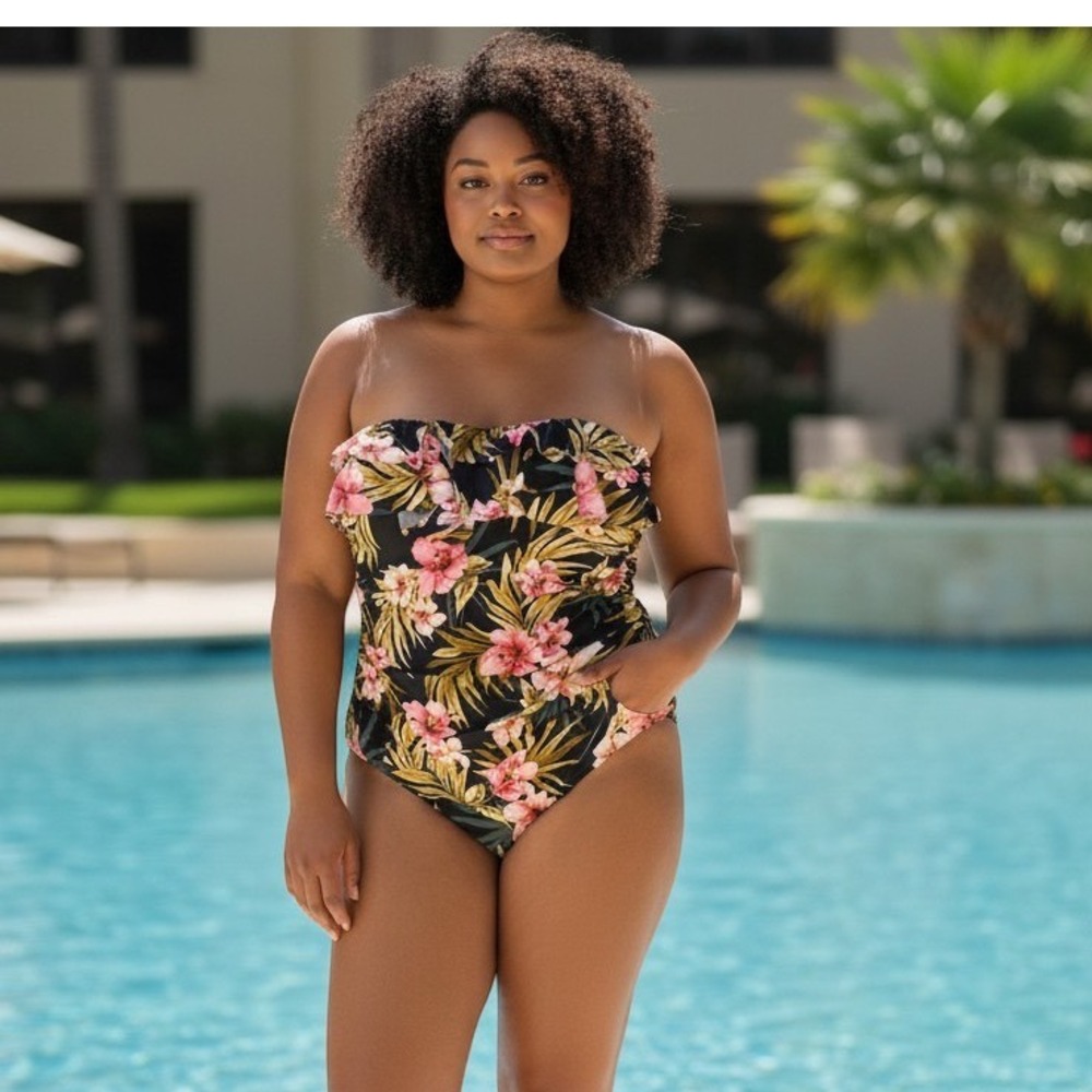 Kona Sol Womens 18W Tropical Floral Ruffle Bandeau One Piece Swimsuit Black Pink